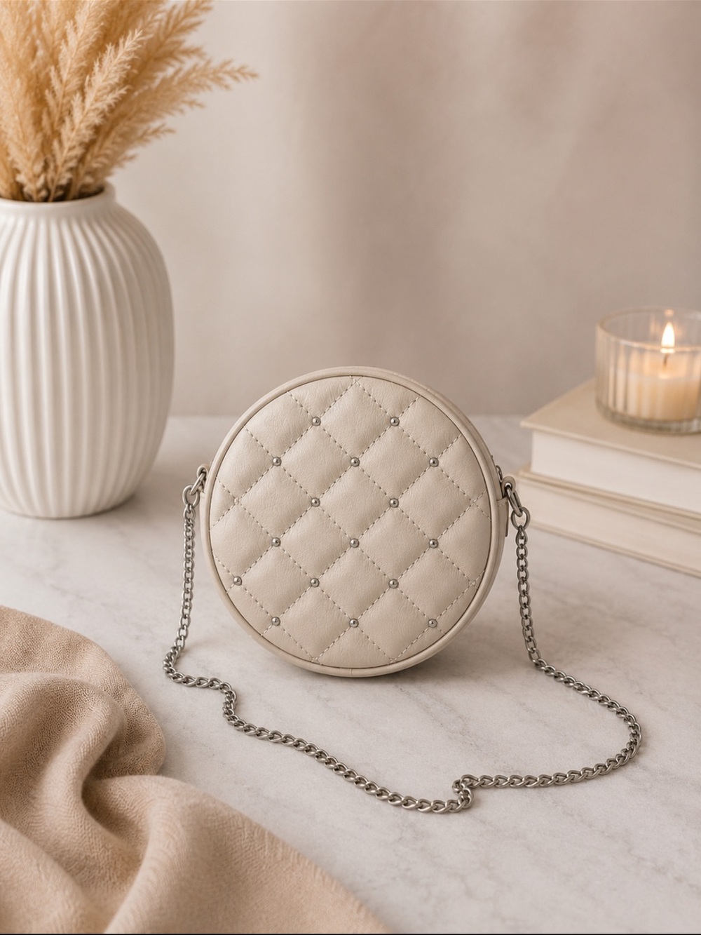 Quilted Round Crossbody Bag - Cream with Rhinestones